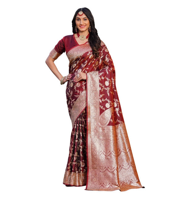 Women's Jacquard Printed Saree With Unstitched Blouse 5.5Mtr (Maroon)