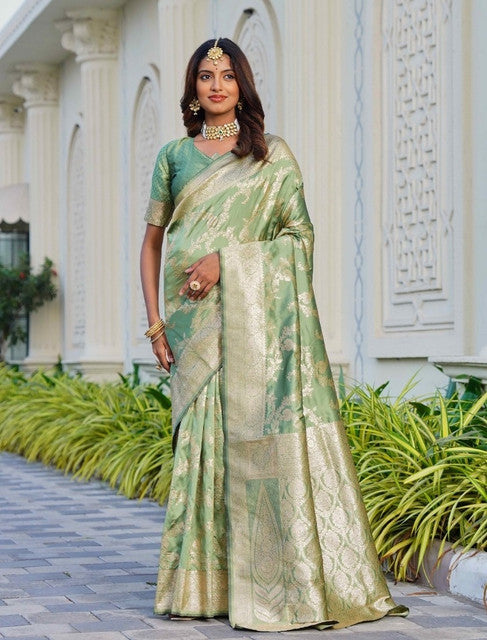Women's Jacquard Printed Saree With Unstitched Blouse 5.5Mtr (Pista Green)