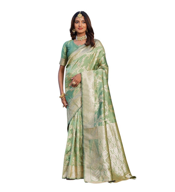 Women's Jacquard Printed Saree With Unstitched Blouse 5.5Mtr (Pista Green)