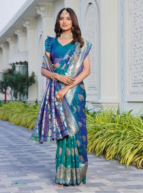 Women's Jacquard Printed Saree With Unstitched Blouse 5.5Mtr (Royal-Teal)