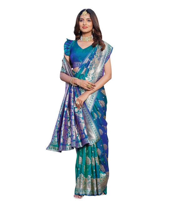 Women's Jacquard Printed Saree With Unstitched Blouse 5.5Mtr (Royal-Teal)