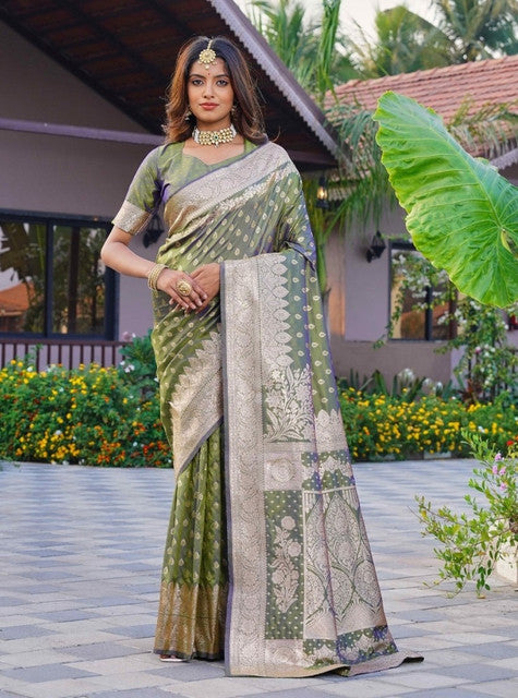 Women's Jacquard Printed Saree With Unstitched Blouse 5.5Mtr (Olive Green)