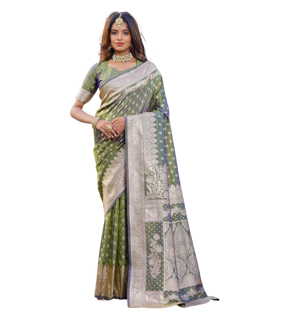 Women's Jacquard Printed Saree With Unstitched Blouse 5.5Mtr (Olive Green)