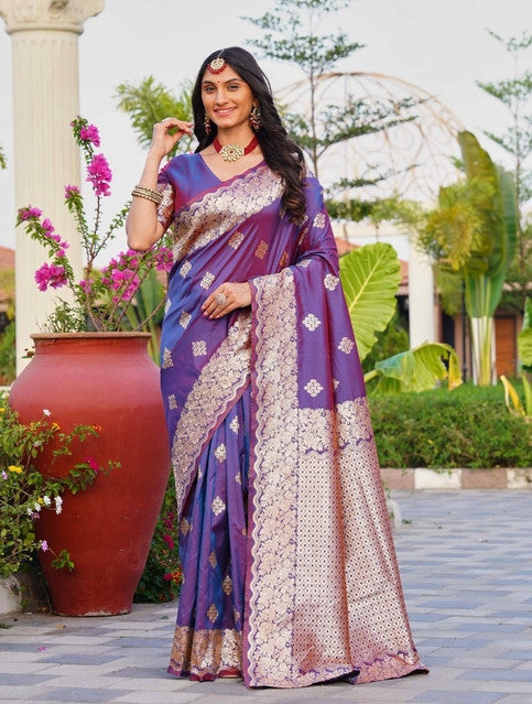Women's Jacquard Printed Saree With Unstitched Blouse 5.5Mtr (Purple)