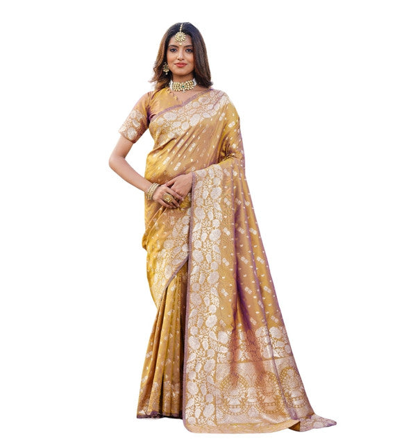 Women's Jacquard Printed Saree With Unstitched Blouse 5.5Mtr (Mustard)