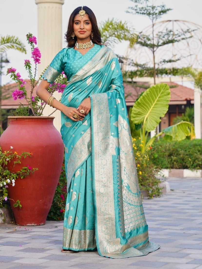 Women's Jacquard Printed Saree With Unstitched Blouse 5.5Mtr (Skyblue)
