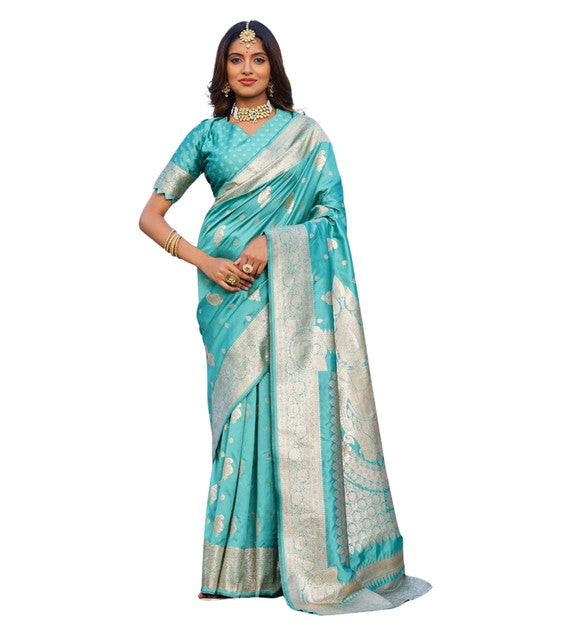 Women's Jacquard Printed Saree With Unstitched Blouse 5.5Mtr (Skyblue)