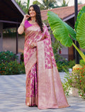 Women's Jacquard Printed Saree With Unstitched Blouse 5.5Mtr (Pink)