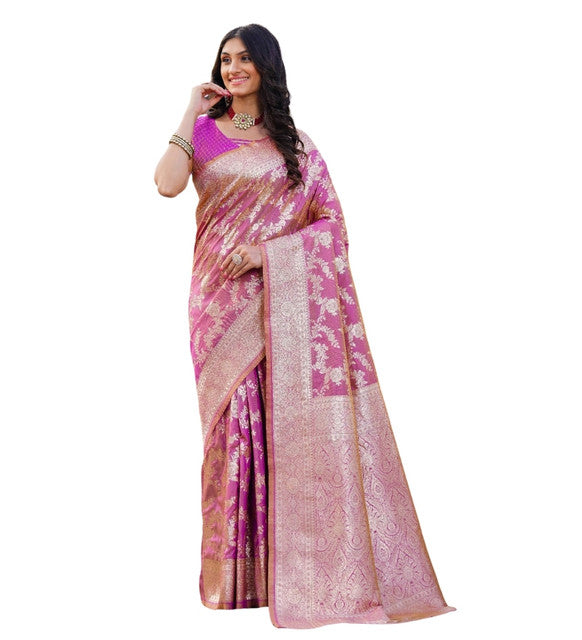 Women's Jacquard Printed Saree With Unstitched Blouse 5.5Mtr (Pink)