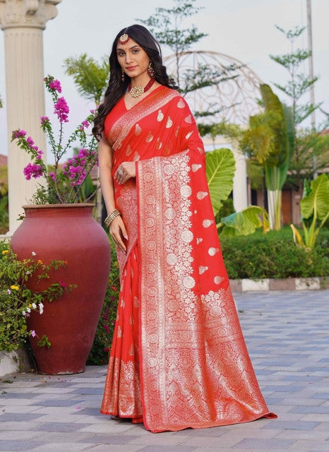 Women's Jacquard Printed Saree With Unstitched Blouse 5.5Mtr (Red)