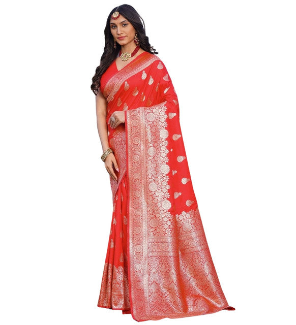 Women's Jacquard Printed Saree With Unstitched Blouse 5.5Mtr (Red)