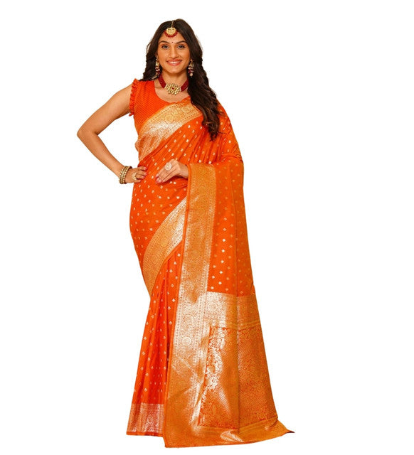 Women's Jacquard Printed Saree With Unstitched Blouse 5.5Mtr (Orange)