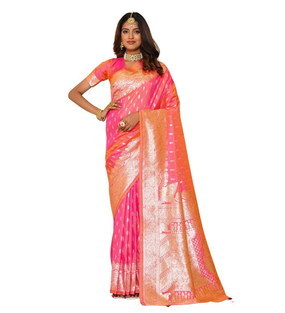 Women's Jacquard Printed Saree With Unstitched Blouse 5.5Mtr (Pink)