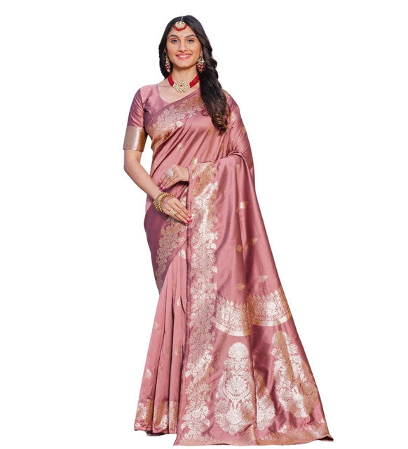 Women's Jacquard Printed Saree With Unstitched Blouse 5.5Mtr (Pink)