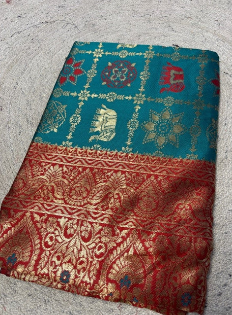 Women's Jacquard Printed Saree With Unstitched Blouse 5.5Mtr (Teal)