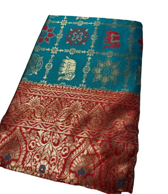Women's Jacquard Printed Saree With Unstitched Blouse 5.5Mtr (Teal)