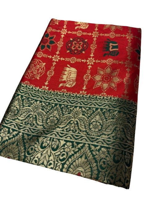Women's Jacquard Printed Saree With Unstitched Blouse 5.5Mtr (Red)