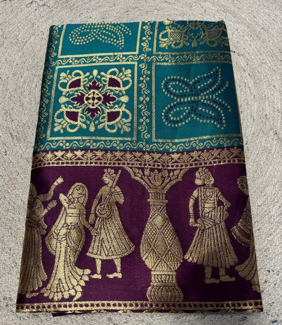 Women's Jacquard Printed Saree With Unstitched Blouse 5.5Mtr (Teal)