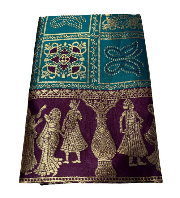 Women's Jacquard Printed Saree With Unstitched Blouse 5.5Mtr (Teal)
