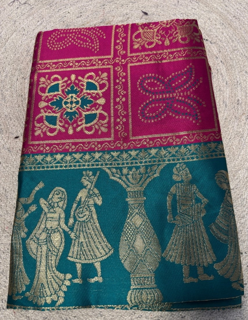 Women's Jacquard Printed Saree With Unstitched Blouse 5.5Mtr (Magenta)