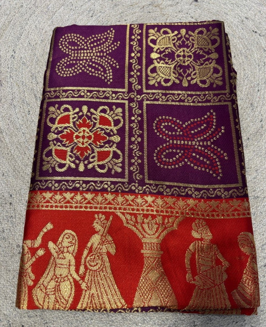 Women's Jacquard Printed Saree With Unstitched Blouse 5.5Mtr (Wine)