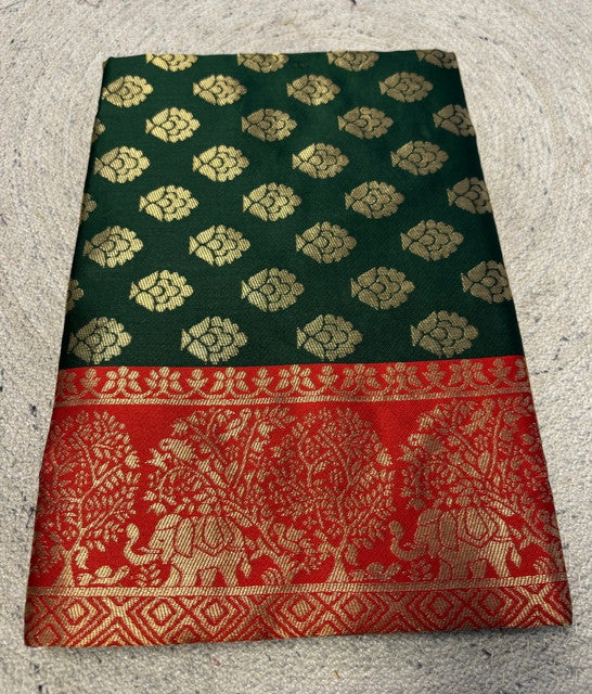Women's Jacquard Printed Saree With Unstitched Blouse 5.5Mtr (Bottle Green)