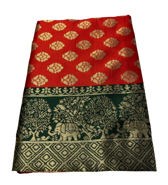 Women's Jacquard Printed Saree With Unstitched Blouse 5.5Mtr (Red)