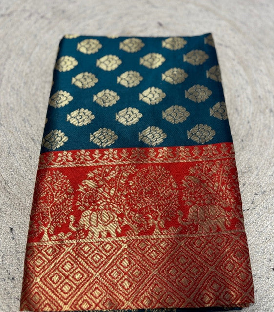 Women's Jacquard Printed Saree With Unstitched Blouse 5.5Mtr (Teal)