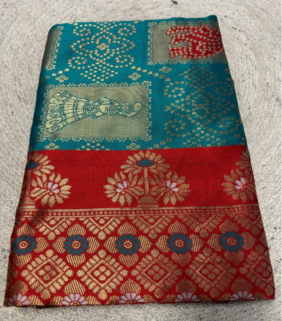 Women's Jacquard Printed Saree With Unstitched Blouse 5.5Mtr (Teal)