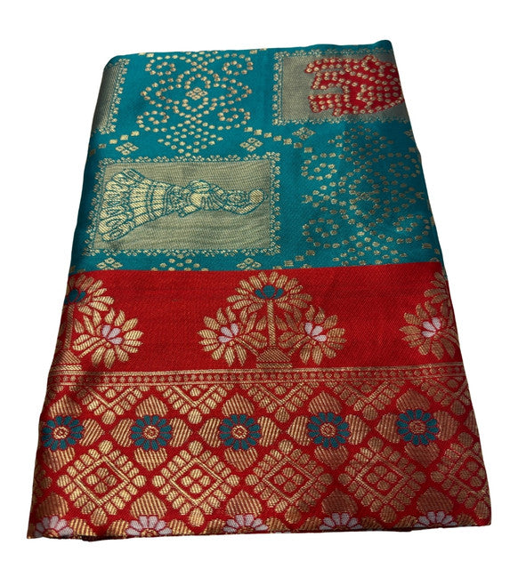 Women's Jacquard Printed Saree With Unstitched Blouse 5.5Mtr (Teal)
