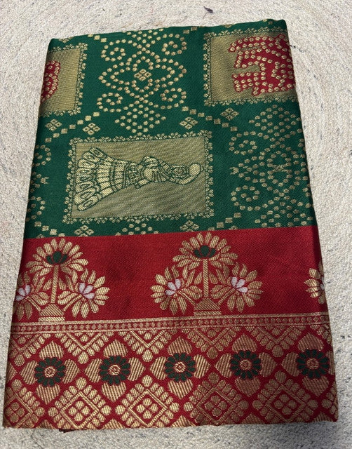 Women's Jacquard Printed Saree With Unstitched Blouse 5.5Mtr (Dark Green)