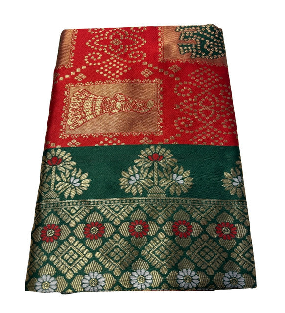 Women's Jacquard Printed Saree With Unstitched Blouse 5.5Mtr (Red)