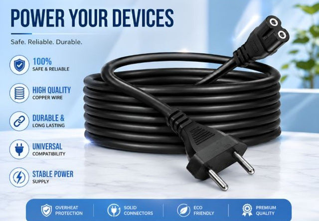 Generic 2Pin Universal AC Power Cord Wire 2.3m (7.5 ft) Compatible with LED TV, Printer, Laptop, PC, Camera (Black)