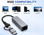 USB 3.0 + Type-C to RJ45 Gigabit Ethernet Adapter, 1000 Mbps LAN Network Converter, Plug & Play, Compatible with Laptop, Desktop, MacBook & Chromebook, Metal Body (Grey)