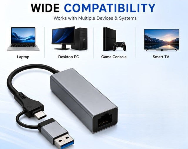 Generic USB 3.0 + Type-C to RJ45 Gigabit Ethernet Adapter, 1000 Mbps LAN Network Converter, Plug & Play, Compatible with Laptop, Desktop, MacBook & Chromebook, Metal Body (Grey)