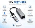 USB 3.0 + Type-C to RJ45 Gigabit Ethernet Adapter, 1000 Mbps LAN Network Converter, Plug & Play, Compatible with Laptop, Desktop, MacBook & Chromebook, Metal Body (Grey)