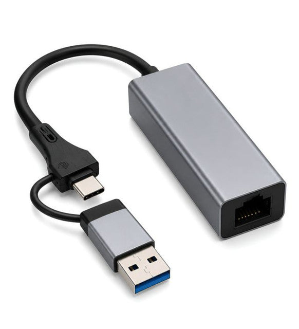 Generic USB 3.0 + Type-C to RJ45 Gigabit Ethernet Adapter, 1000 Mbps LAN Network Converter, Plug & Play, Compatible with Laptop, Desktop, MacBook & Chromebook, Metal Body (Grey)