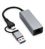 USB 3.0 + Type-C to RJ45 Gigabit Ethernet Adapter, 1000 Mbps LAN Network Converter, Plug & Play, Compatible with Laptop, Desktop, MacBook & Chromebook, Metal Body (Grey)