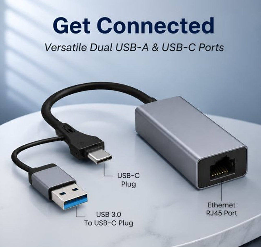 Generic USB 3.0 + Type-C to RJ45 Gigabit Ethernet Adapter, 1000 Mbps LAN Network Converter, Plug & Play, Compatible with Laptop, Desktop, MacBook & Chromebook, Metal Body (Grey)