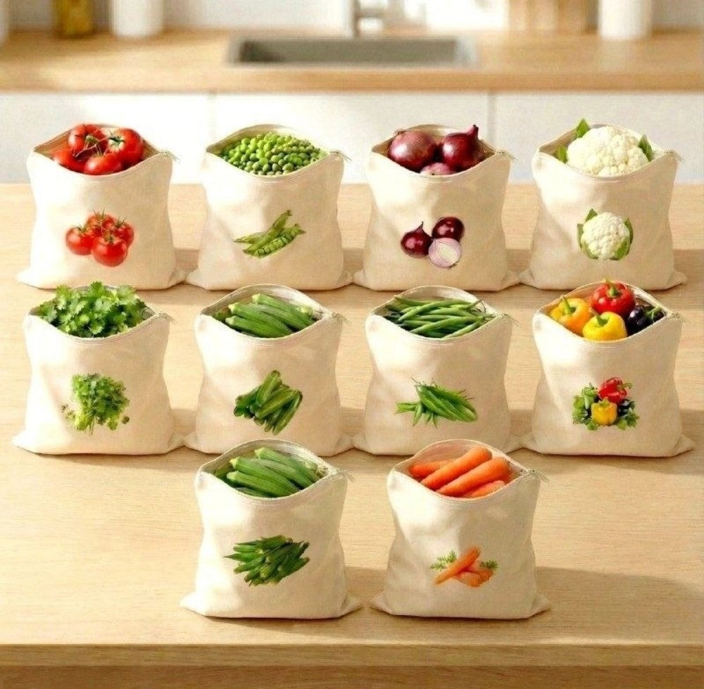Cotton Vegetable Bag Size 12*12 - 10 Pieces Set (Beige)