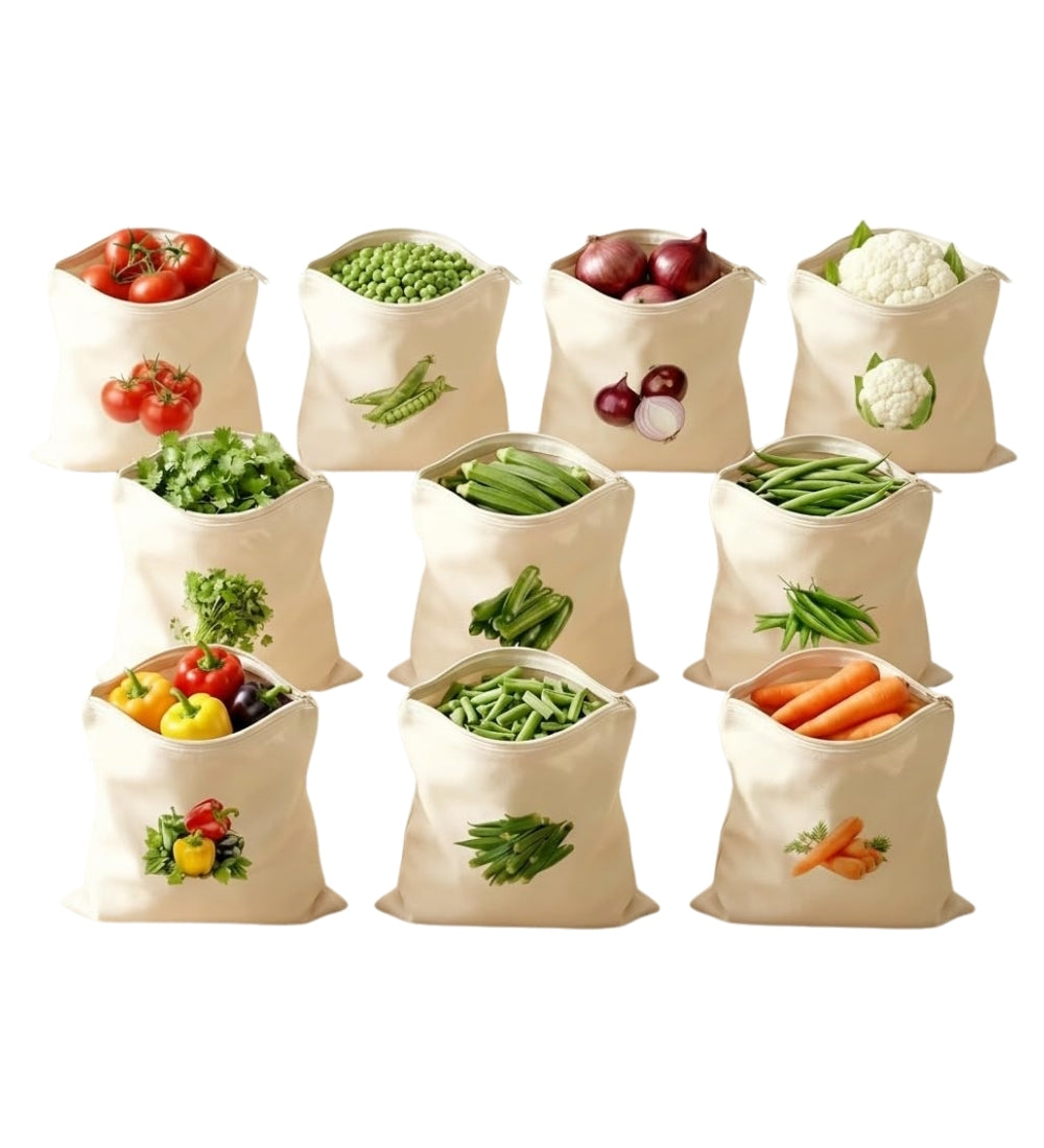 Cotton Vegetable Bag Size 12*12 - 10 Pieces Set (Beige)