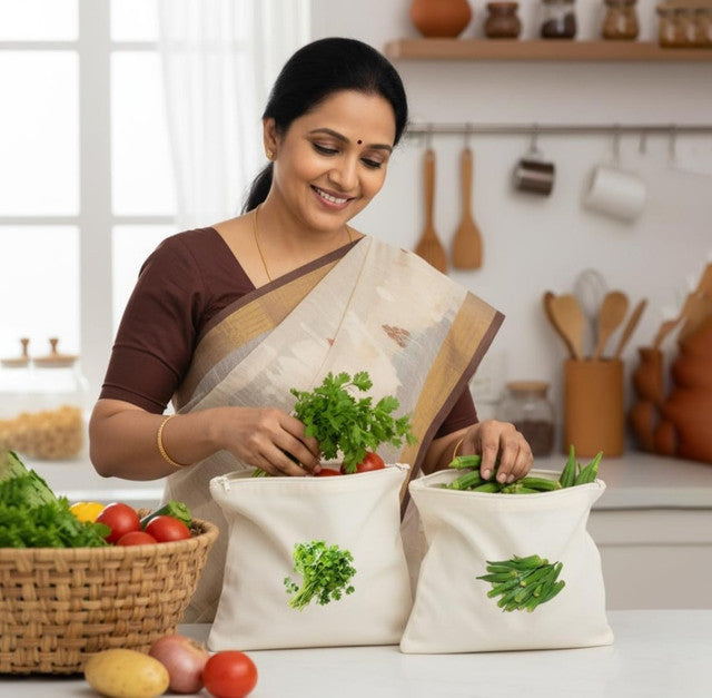 Cotton Vegetable Bag Size 12*12 - 10 Pieces Set (Beige)
