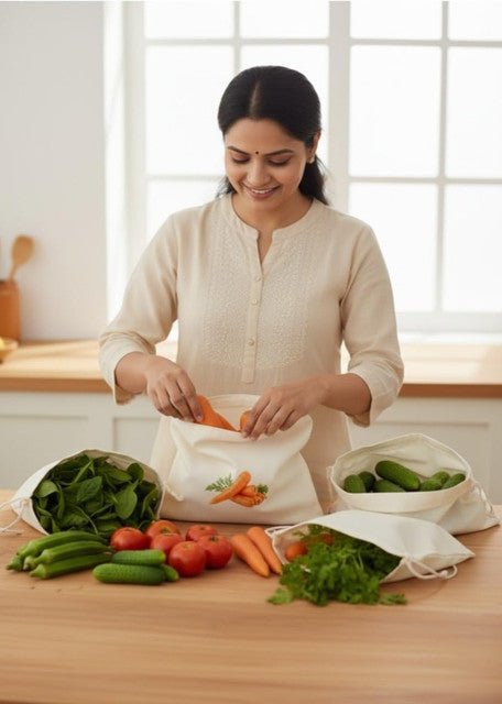 Cotton Vegetable Bag Size 12*12 - 10 Pieces Set (Beige)