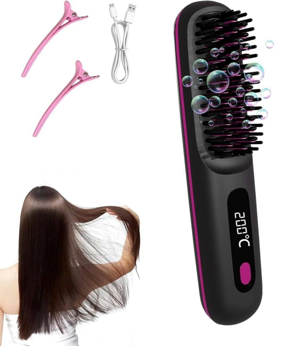 Generic Plastic Cordless Hair Straightener Brush (Black-Pink)
