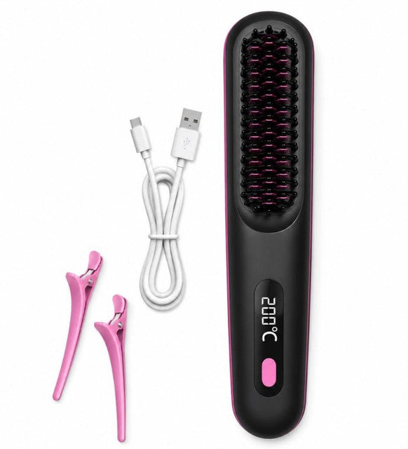 Generic Plastic Cordless Hair Straightener Brush (Black-Pink)