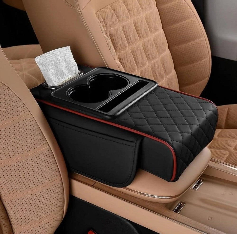 Generic Faux Leather 5-In-1 Car Arm Rest Cushion With Cup Holder (Black-Red)