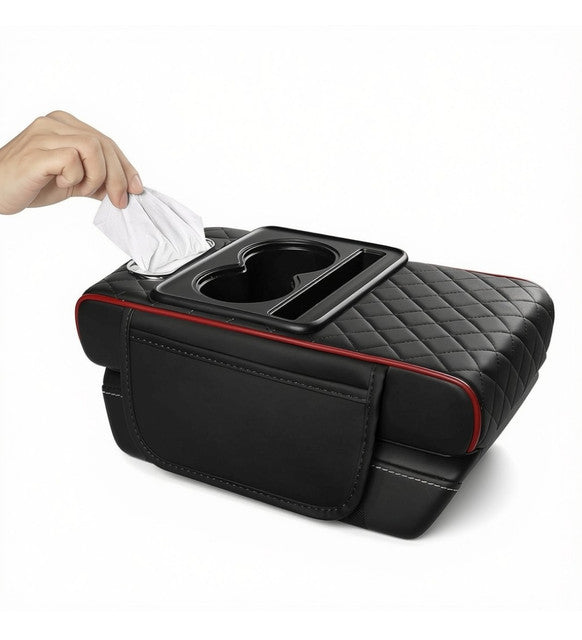 Generic Faux Leather 5-In-1 Car Arm Rest Cushion With Cup Holder (Black-Red)
