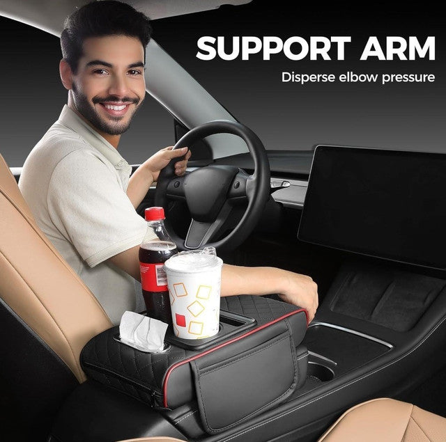 Generic Faux Leather 5-In-1 Car Arm Rest Cushion With Cup Holder (Black-Red)