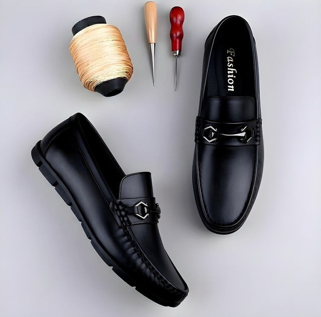 Men's Synthetic Leather Solid Slip-On Casual Loafers With Metal Bit (Black)