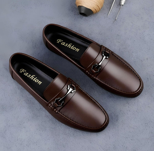 Men's Synthetic Leather Solid Slip-On Casual Loafers With Metal Bit (Brown)
